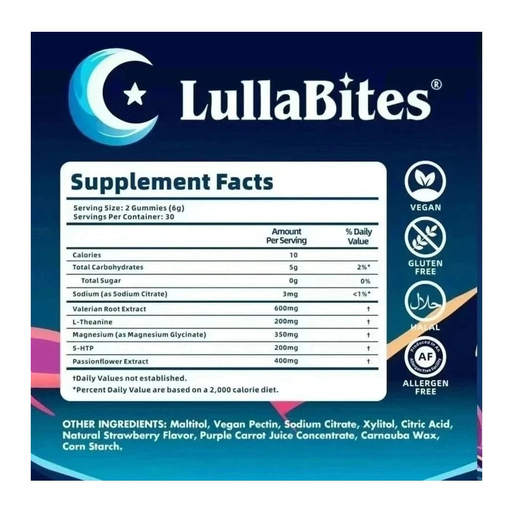 LullaBites Natural Sleep Gummies - 30 Servings -Sweet Strawberry Stars (Melatonin Free)