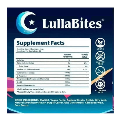 LullaBites Natural Sleep Gummies - 30 Servings -Sweet Strawberry Stars (Melatonin Free)