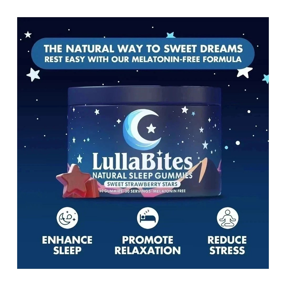 LullaBites Natural Sleep Gummies - 30 Servings -Sweet Strawberry Stars (Melatonin Free)